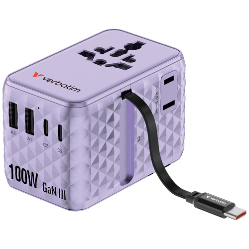 Incarcator retea Verbatim Charge 'n' Travel GaN III 30193, 100 W, 2 x USB-C, 2 x USB-A, Cablu retractabil USB-C, 2x AC (Violet)