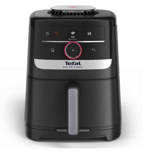 Friteuza cu aer cald Tefal Easy Fry Silence EY5728E1, 1670 W, capacitate 5L, 11 programe presetate, temperatura ajustabila 40-220°C, Smart Assist, gatire silensioasa, oprire automata, panou frontal detasabil, capac depozitare (Negru)