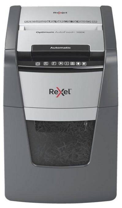 Distrugator documente si carduri automat Rexel Optimum AutoFeed+ 100X RX-2020100XEU, P4, 100 Coli, Cos 34 L (Negru)