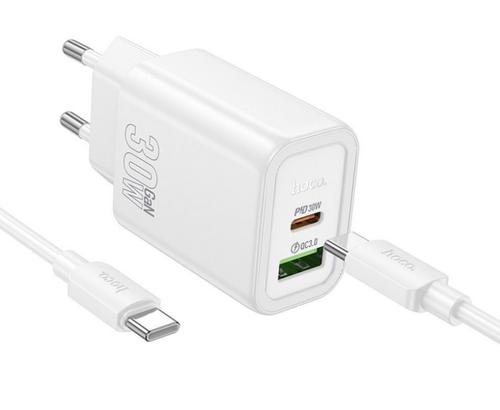 Incarcator Retea Cu Cablu USB-C HOCO N63, 30W, 3A, 1 x USB-A - 1 x USB-C, Alb