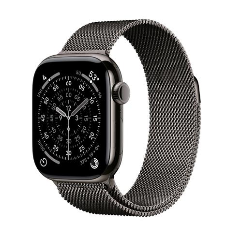 Smartwatch Apple Watch 11, GPS + Cellular, 46mm, Ecran Retina LTPO OLED, Chip S10 cu Procesor Dual-Core, 64GB Flash, Wi-Fi, Bluetooth, Carcasa Titan, Curea Milanese Loop S/M (Gri)