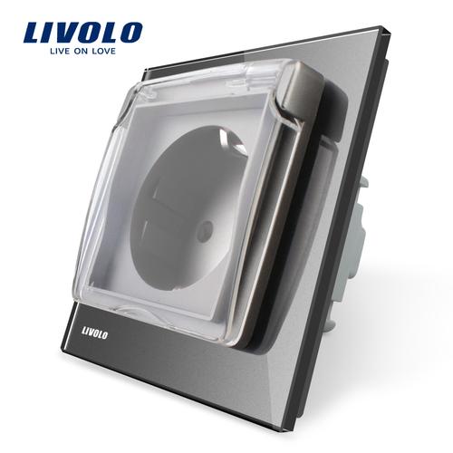 Priza simpla Livolo cu rama din sticla si capac de protectie rezistent la apa (Gri) 1 Priza simpla Livolo cu rama din sticla si capac de protectie rezistent la apa (Gri)