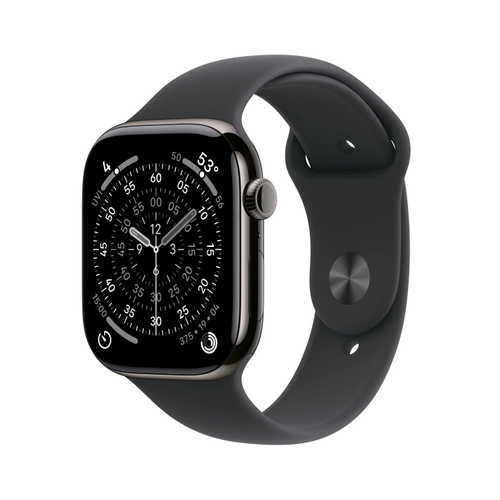Smartwatch Apple Watch 11, GPS + Cellular, 46mm, Ecran Retina LTPO OLED, Chip S10 cu Procesor Dual-Core, 64GB Flash, Wi-Fi, Bluetooth, Carcasa Titan, Curea Sport Band M/L (Negru)