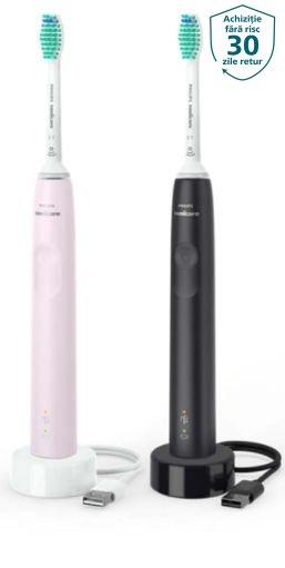Set de 2 periute de dinti electrice sonice Philips Sonicare Seria 3100 HX3675/15, 31000 miscari/minut, 1 mod de curatare, Senzor presiune, Functia BrushSync, 2 capete de periere (Roz/Negru) 1 Set de 2 periute de dinti electrice sonice Philips Sonicare Seria 3100 HX3675/15, 31000 miscari/minut, 1 mod de curatare, Senzor presiune, Functia BrushSync, 2 capete de periere (Roz/Negru)