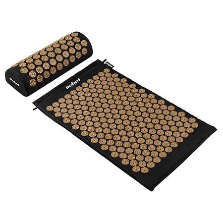 Saltea presopunctura cu perna Rebel Active RBA-6002-GL, 72 x 42 x 2 cm, bumbac/spuma PU (Negru/Auriu)