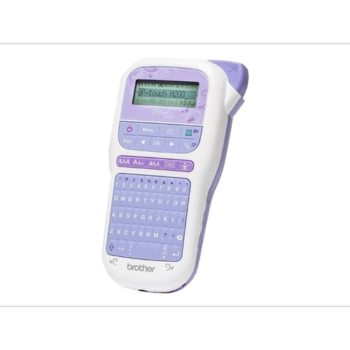 Sistem de etichetare Brother PT-H200 TZe, 4 marimi imprimare, QWERTY, 180 dpi, 6x AAA (Alb/Mov)