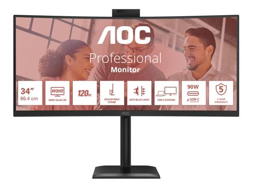 Monitor VA LED AOC 34inch CU34E4CW, UWQHD (3440x1440), HDMI, DisplayPort, Ecran curbat, Boxe, 120 Hz, 4 ms (Negru)