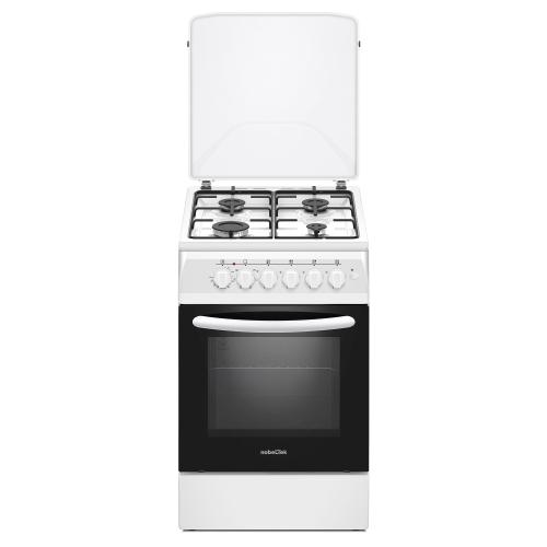Aragaz Nobeltek NLT 5604A/E1, plita gaz si cuptor electric, ventilator, aprindere electrica plita, siguranta plita, iluminare cuptor, echipat cu diuze GN, diuze GPL de schimb, capac tabla (Alb)
