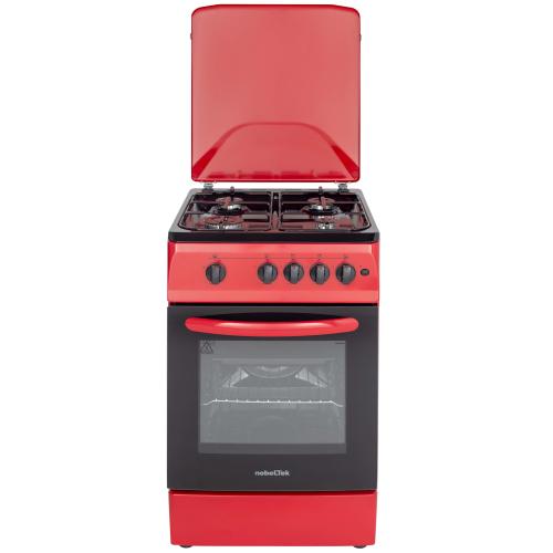 Aragaz NobelTek NLT 5602R/G1, Gaz, 4 arzatoare, Dispozitiv siguranta plita si cuptor, Aprindere electrica, 50 x 60 cm (Rosu)