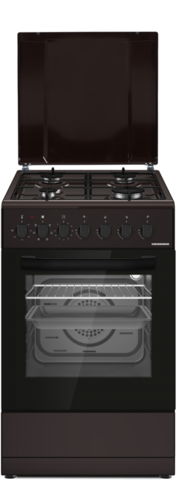Aragaz mixt HEINNER HFSC-S60LITGC-BRW, Gaz, 4 arzatoare, Aprindere electrica plita, Cuptor electric, Clasa A, 6 functii, Grill, Ventilatie, Lumina cuptor (Maro)