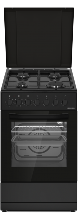 Aragaz mixt HEINNER HFSC-S60LITGC-BK, Gaz, 4 arzatoare, Aprindere electrica plita, Cuptor electric, Clasa A, 6 functii, Grill, Ventilatie, Lumina cuptor (Negru)