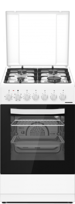 Aragaz mixt HEINNER HFSC-S65MIXF-WH, Gaz, 4 arzatoare, Aprindere electrica plita, Cuptor electric, Clasa A, 6 functii, Timer, Grill, Lumina cuptor, Sertar inferior vase (Alb)