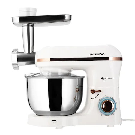 Mixer cu bol Daewoo DHM200MGW, Putere 2000 W, Capacitate 5.5 l, Accesoriu masina de tocat, Capacitate 1.2 Kg/min, Tel, Carlig framantare, Palete amestecare (Alb)