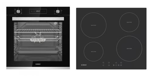 Pachet Samus ONL30 Cuptor incorporabil Samus SCE828GCF3D, 80 l, 2500 W, 8 functii, Clasa A, Gatire 3D, Grill, Ventilator, Timer, Curatare catalitica + Plita incorporabila SAMUS PSI-64BMG10, Inductie, 4 zone de gatit, 9 trepte, 7000 W (Negru)