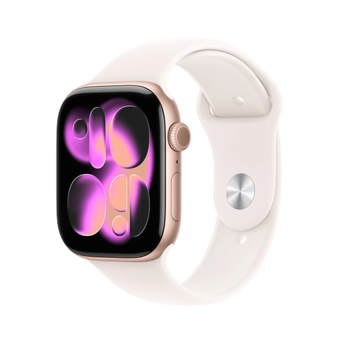 Smartwatch Apple Watch 11, GPS + Cellular, 46mm, Ecran Retina LTPO OLED, Chip S10 cu Procesor Dual-Core, 64GB Flash, Wi-Fi, Bluetooth, Carcasa Aluminiu, Curea Sport Band S/M (Auriu)