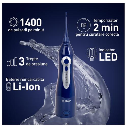 Dus bucal portabil Dr.Mayer WT3100, Tehnologie Multi Pulse, presiune de la 40 la 90 PSI, 3 moduri de curatare (normal, sensibil si pulsat), Rezervor 150 ml, 2 capete curatare, WT3100BU (Albastru) 1 Dus bucal portabil Dr.Mayer WT3100, Tehnologie Multi Pulse, presiune de la 40 la 90 PSI, 3 moduri de curatare (normal, sensibil si pulsat), Rezervor 150 ml, 2 capete curatare, WT3100BU (Albastru)