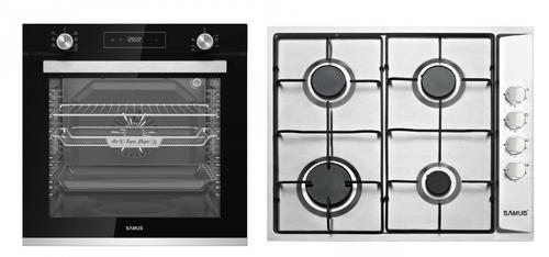 Pachet Samus ONL49 Cuptor incorporabil Samus SCE827GCF, 80 l, 2500 W, 7 Functii, Clasa energetica A, Timer digital, Grill electric, Ventilator, Curatare catalitica (Negru) + Plita incorporabila Samus PSG-64SX, 4 Arzatoare, Gaz (Argintiu)