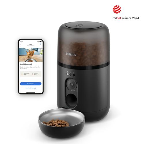 Hranitor automat inteligent pentru animale Philips, seria PET, cu camera HD incorporata, senzor de miscare, bol potrivit pentru mustati, notificari la ora mesei, conectat cu aplicatie, tehnologie anti-infundare, 4.5l (Negru)