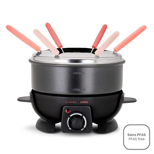 Set fondue Livoo DOC308, oala otel inoxidabil cu invelis antiaderent, 650W, temperatura reglabila, 6 furculite, capacitate 1.6l (Negru/Inox)