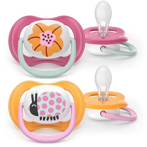 Set 2 suzete Philips Avent Ultra Air SCF080/27 care lasa pielea bebelusului sa respire, ortodontice, fara BPA, 6-18 luni (Roz/Portocaliu)