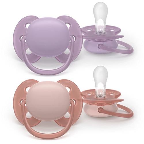 Set 2 suzete Philips Avent Ultra Soft SCF091/43, cu disc flexibil, pentru pielea sensibila a bebelusului, ortodontice, fara BPA, 6-18 luni (Mov/Roz)