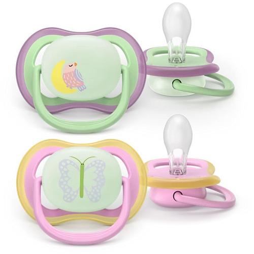 Set 2 suzete Philips Avent Ultra Air SCF376/29 care lasa pielea bebelusului sa respire, ortodontice, fara BPA, 6-18 luni, pentru noapte, cu buton fosforescent (Multicolor)