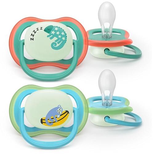 Set 2 suzete Philips Avent Ultra Air SCF376/28 care lasa pielea bebelusului sa respire, ortodontice, fara BPA, 6-18 luni, pentru noapte, cu buton fosforescent (Multicolor)