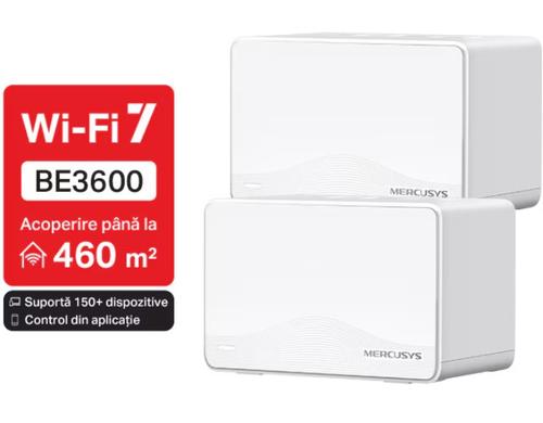 Sistem Mesh Wi-Fi Mercusys Halo H25BE(2-pack), BE3600, Dual-Band, Wi-Fi 7, MLO, 3 x 1 Gbps port, cu acoperire completa pentru casa