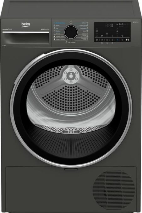 Uscator de rufe Beko B3T49233MEU Pompa de caldura, 9 kg, 15 programe, Clasa D, Iron Finish, RecycledDry, OptiSense, Aquawave, Hygienic Refresh (Antracit)