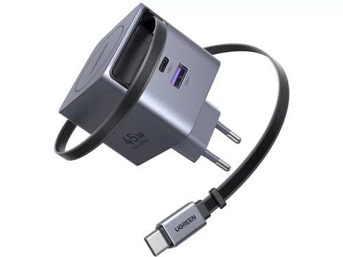 Incarcator retea UGREEN X614-65822, 45 W, GaN Fast Charge, USB-A si USB-C, Cablu retractabil incorporat (Gri)