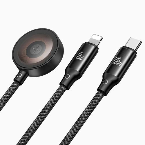 Cablu Mcdodo CA-4940 3in1 Type-C la Lightning/Type-C cu Incarcator Wireless compatibil cu Apple Watch, 100W Fast Charging, O Series, 1.2m (Negru)