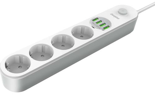 Prelungitor Energizer ENZ00017, 4 x AC Schuko, 4 x USB-A, 2500 W, 10 A, 2 m lungime cablu, Alb