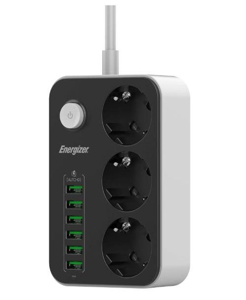 Prelungitor Energizer ENZ00018, 3 x AC Schuko, 6 x USB-A, 2500 W, 10 A, 2 m lungime cablu, Negru