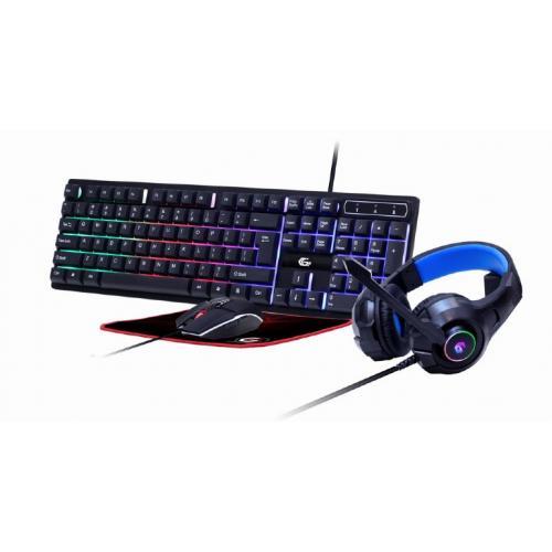 Kit 4-in-1 Gembird GGS-UMGL4-02, tastatura + mouse, 2400dpi + casti + mouse pad 300x250mm, Wired, iluminare RGB (Negru)
