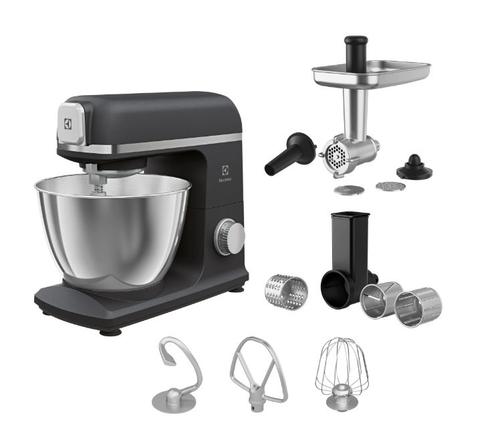Robot de bucatarie Electrolux E5KM1-6GBP, 1200 W, 6 trepte de viteza, Functie Pulse, Corp metalic, Bol inox 5 L, Masina de tocat carne, Accesoriu razuire/ feliere (Negru/Gri)
