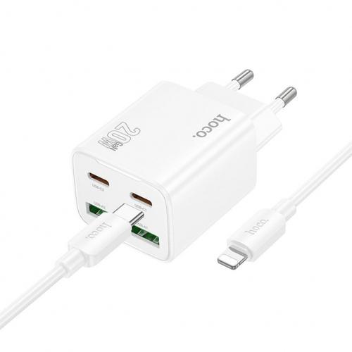 Incarcator Retea Cu Cablu Lightning HOCO N55, 20W, 3A, 2 x USB-A - 2 x USB-C (Alb)