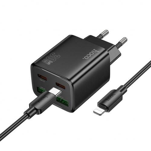 Incarcator Retea Cu Cablu Lightning HOCO N56, 30W, 3A, 2 x USB-A - 2 x USB-C (Negru)
