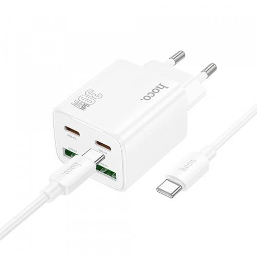 Incarcator Retea Cu Cablu USB-C HOCO N56, 30W, 3A, 2 x USB-A - 2 x USB-C (Alb)