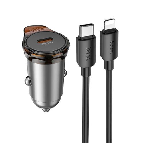 Incarcator Auto Cu Cablu Lightning HOCO NZ16, 30W, 3A, 1 x USB-C (Gri)