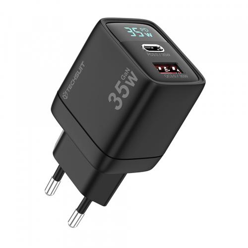 Incarcator Retea Techsuit CH3 LEDChargX Display, 35W, 3A, 1 x USB-A - 1 x USB-C (Negru)