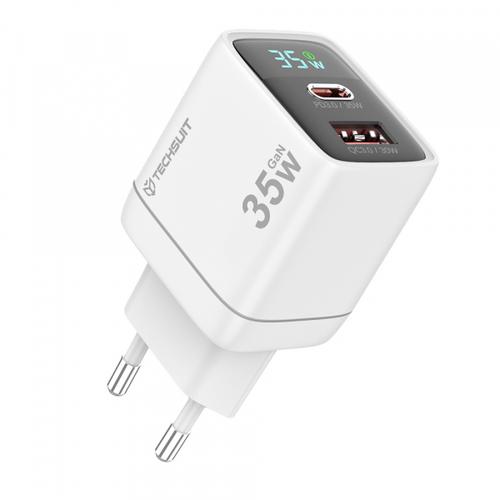 Incarcator Retea Techsuit CH3 LEDChargX Display, 35W, 3A, 1 x USB-A - 1 x USB-C (Alb)
