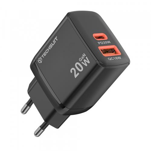 Incarcator Retea Techsuit CH2 Duonix, 20W, 3A, 1 x USB-A - 1 x USB-C (Negru)