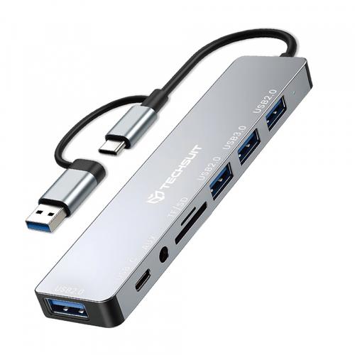 Hub USB / USB-C Techsuit H9 DataBridge, 8in1 (Gri) 1 Hub USB / USB-C Techsuit H9 DataBridge, 8in1 (Gri)