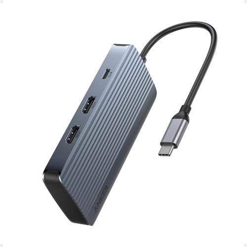 Hub Anker USB-C 7 in 1, Dual Monitor USB-C Docking Station, Dual HDMI Display, 85W Output, Transfer de date de 10Gbps (Gri)
