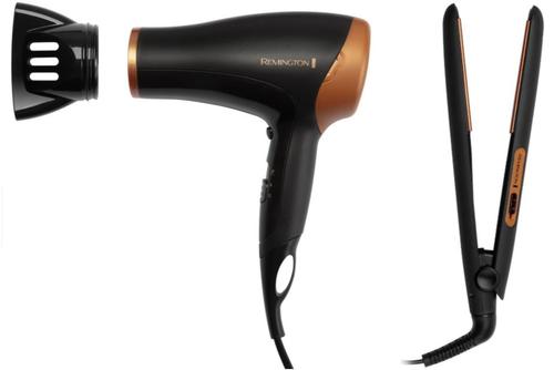 Set cadou Uscator de par Remington D3012GP, 2000 W, 3 setari temperatura, Setare Eco + Placa de indreptat parul Remington, Invelis ceramic, 215°C, Incalzire in 30 secunde (Negru/Bronz)