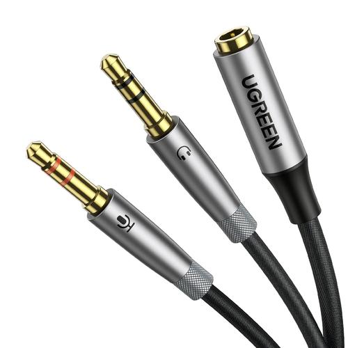 Adaptor Audio/Microfon Ugreen, mama 3,5 mm/ 2 x tata 3,5 mm, Cablu AUX, 20 cm, Argintiu