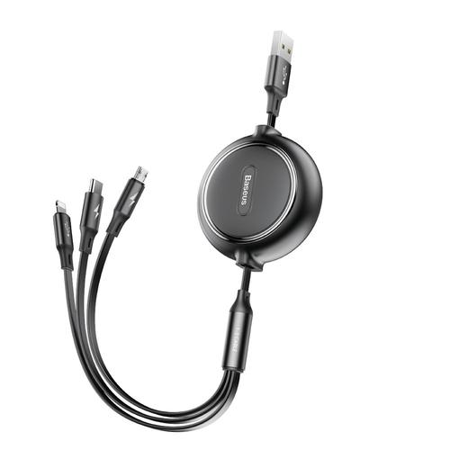 Cablu retractabil Baseus Golden Loop 3in1 USB - micro USB / tip lightning / USB-C 3.5A 35cm - 120cm negru (CAMLT-JH01)