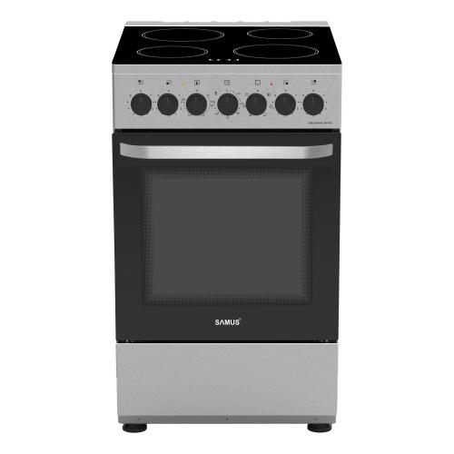 Aragaz Samus SM568VME, 60 l, 7 functii, Clasa A, Lumina interioara, Timer mecanic, 4 zone de gatit vitroceramice, Cuptor cu 7 functii (Inox)