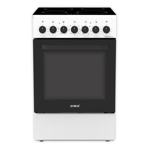 Aragaz Samus SM568VME, 60 l, 7 functii, Clasa A, Lumina interioara, Timer mecanic, 4 zone de gatit vitroceramice, Cuptor cu 7 functii (Alb)