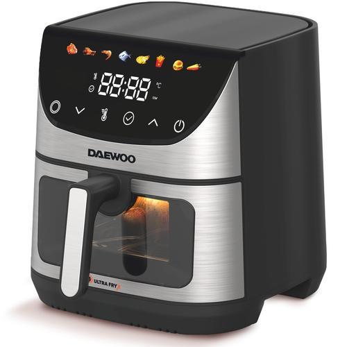 Friteuza cu aer cald Daewoo DAF1600IX, 1600 W, display LED, capacitate 6.5 litri, timer 60 minute, 8 programe predefinite, temperatura reglabila 80-200 grade Celsius, cos cu maner (Negru)